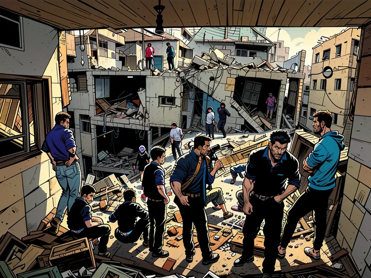 Palestinians inspect the destruction around residential buildings following Israeli air strikes in the Rafah refugee camp in southern Gaza on December 1, 2023.