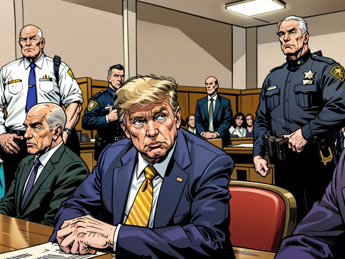 Der ehemalige Präsident Donald Trump sitzt in einem Gerichtssaal während seines Schweigegeldprozesses am 21. Mai 2024 im Manhattan Criminal Court in New York City. Er wurde in allen 34 Anklagepunkten schuldig gesprochen.