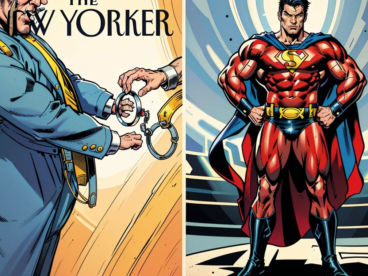 Left: The New Yorker cover; Right: Trump superhero NFT trading card