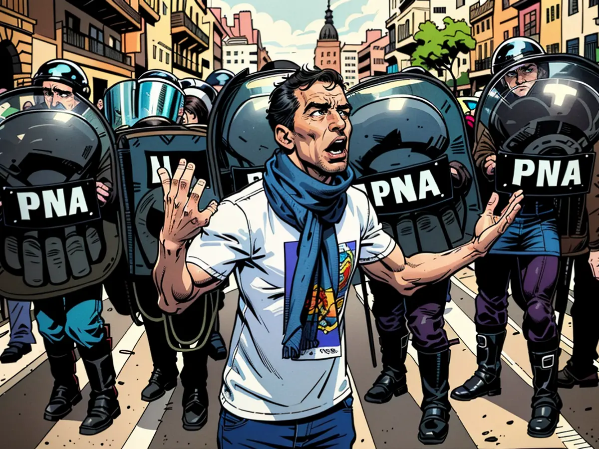 A demonstrator reacts during a protest near Argentina's National Congress, on the day senators debate President Javier Milei's economic reform bill, in Buenos Aires on June 12.