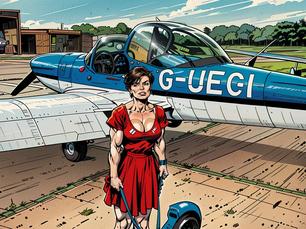 Sassy Wyatt und ihr Blindenhund Ida sind vor einem Kleinflugzeug abgebildet.