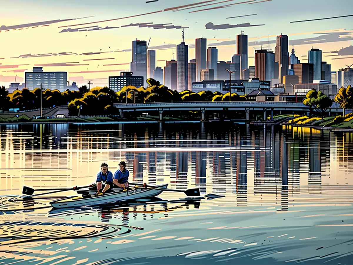 Canottieri si fanno strada lungo il fiume Maribyrnong, fuori Melbourne, Australia, il 18 aprile 2023.