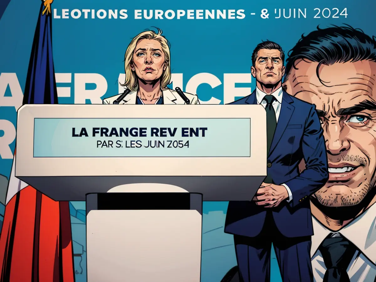 Marine Le Pen si rivolge ai suoi sostenitori insieme al presidente del National Rally Jordan Bardella durante un evento domenica dopo le elezioni europee.