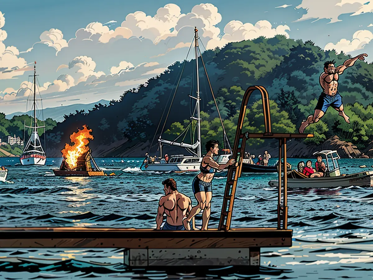 Un falò galleggiante brucia in occasione delle celebrazioni di mezza estate, mentre le persone si tuffano in acqua da una piattaforma per i tuffi nel fiordo di Oslo, presso Bjorvika, il 23 giugno 2022. - Norvegia OUT (