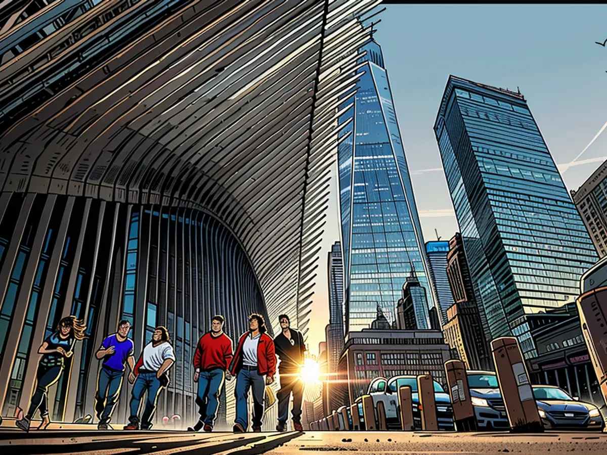 NUEVA YORK, NY - 21 DE JUNIO: El sol se pone detrás del centro de tránsito Oculus y One World Trade Center en el solsticio de verano el 21 de junio de 2019, en la ciudad de Nueva York. (