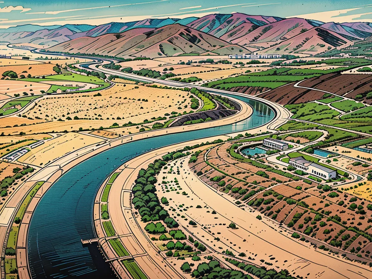 An aerial view of the California Aqueduct, which moves water from northern California to the state's drier south, on May 3, 2022 near Palmdale, California.