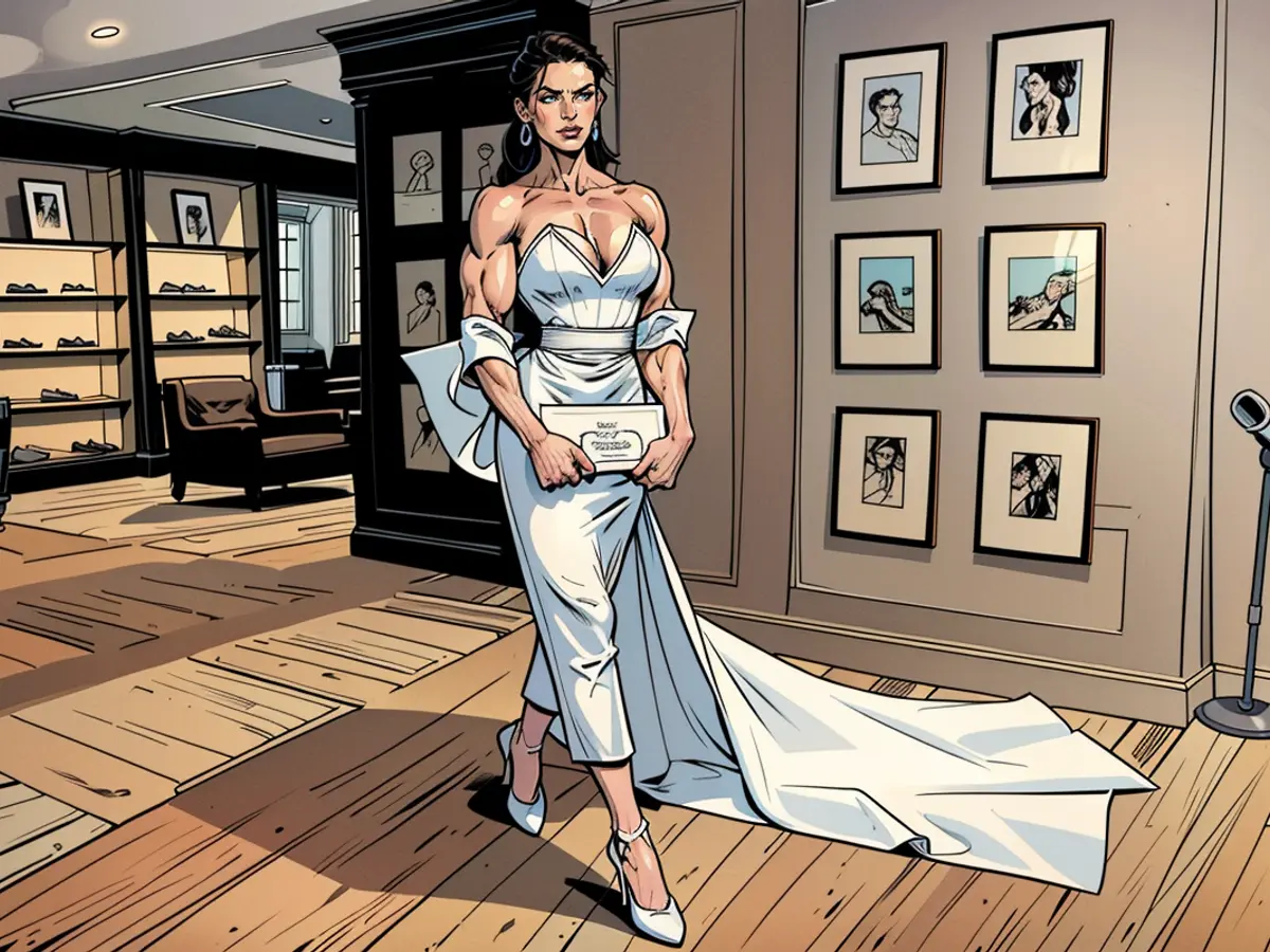 Una modella sfoggia un abito da sposa drammatico durante la presentazione della collezione sposa di Andrew Kwon a New York il 12 aprile 2023.