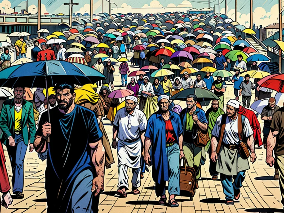 Los peregrinos musulmanes utilizan sombrillas para protegerse del sol.