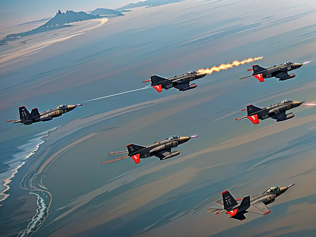 F-4 dell'aeronautica sudcoreana in volo in formazione con due prototipi di caccia KF-21 sopra la Corea del Sud meridionale l'8 maggio 2024.