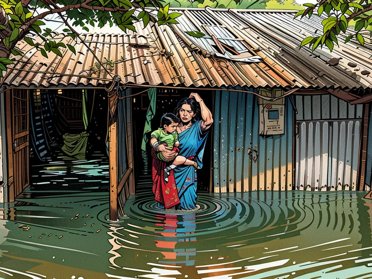 SYLHET, BANGLADESH - 20 GIUGNO: Una madre tiene in braccio il figlio davanti alla sua casa sommersa dall'acqua il 20 giugno 2024 a Sylhet, in Bangladesh. Le forti piogge monsoniche hanno scatenato frane e inondazioni che hanno provocato milioni di sfollati nel nord del Bangladesh e in India. Frane e inondazioni mortali sono comuni in tutta l'Asia meridionale durante la stagione dei monsoni estivi, che va da luglio a settembre. (