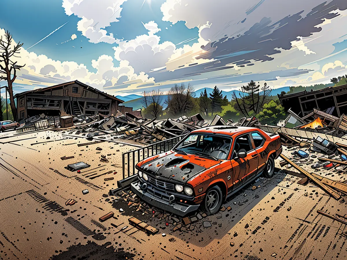 Imagen de un coche carbonizado y de los restos del hotel Swiss Chalet, destruido el sábado por el incendio de South Fork, en el pueblo de montaña de Ruidoso, Nuevo México.