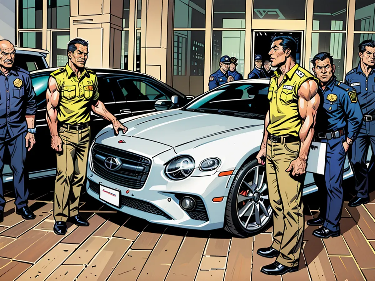 Thai police stand by a luxury vehicle seized in a gambling raid, pictured above. Many suspects were arrested.