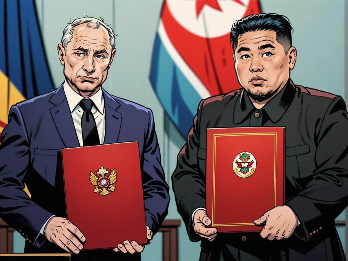 En esta fotografía de grupo distribuida por la agencia estatal rusa Sputnik, el presidente ruso, Vladímir Putin (i), y el líder norcoreano, Kim Jong Un (d), asisten a una ceremonia de firma tras sus conversaciones bilaterales en la residencia estatal de Kumsusan, en Pyongyang, el 19 de junio de 2024.  (