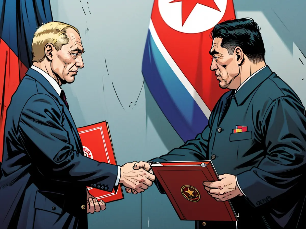 El presidente ruso, Vladímir Putin (izquierda), y el líder norcoreano, Kim Jong Un, se estrechan la mano tras una ceremonia de firma de la nueva alianza en Pyongyang, Corea del Norte, el miércoles 19 de junio de 2024.