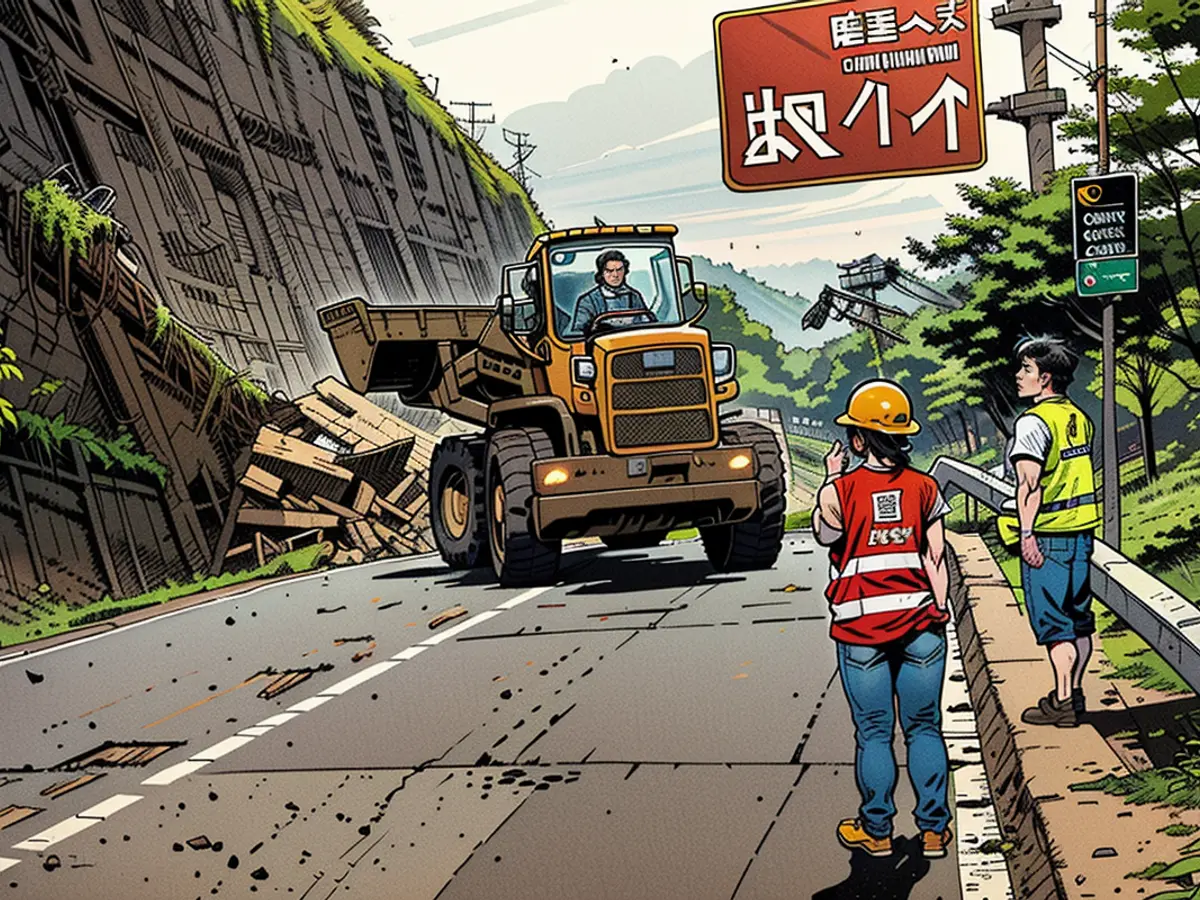 Une pelleteuse travaille sur le site d'un glissement de terrain dans la province de Guizhou, en Chine, le 24 juin 2024.
