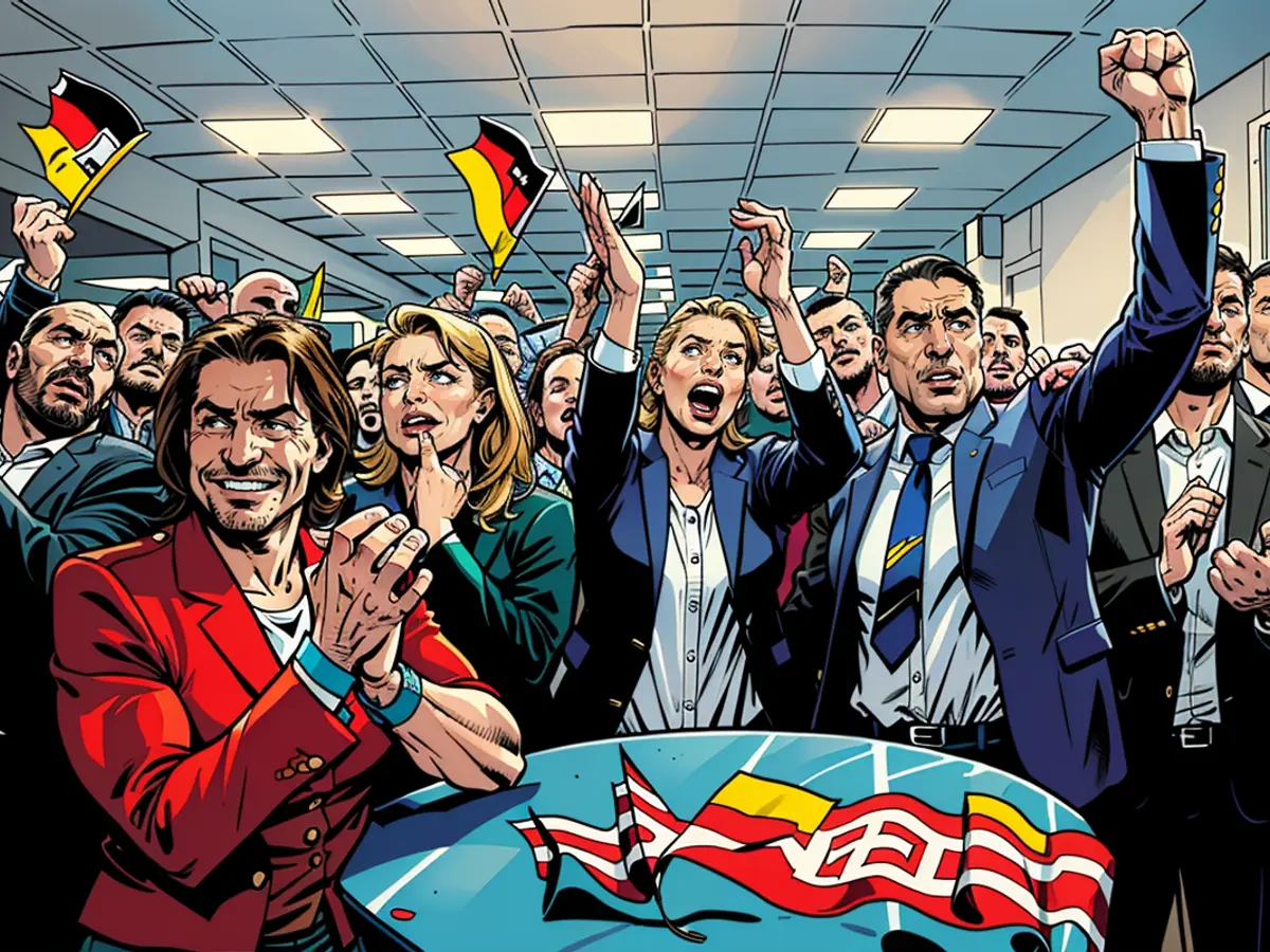 Die Parteivorsitzenden der AfD, Alice Weidel und Tino Chrupalla, reagieren am 9. Juni 2024 in Berlin auf eine Exit-Poll-Umfrage bei der EU-Wahl.