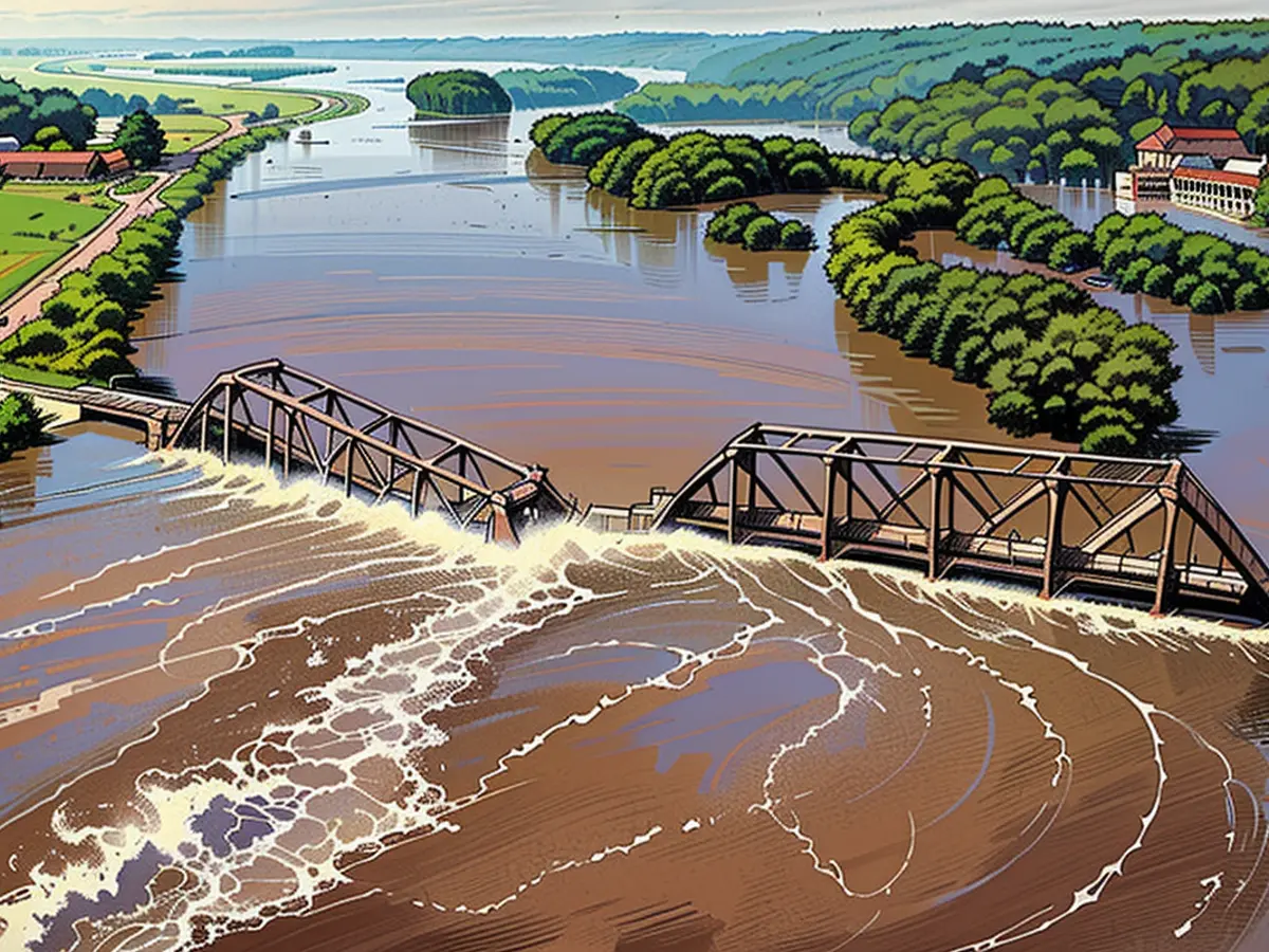 Les eaux de crue ont fait s'effondrer ce pont de la BNSF Railway sur la Big Sioux River à 23 heures...