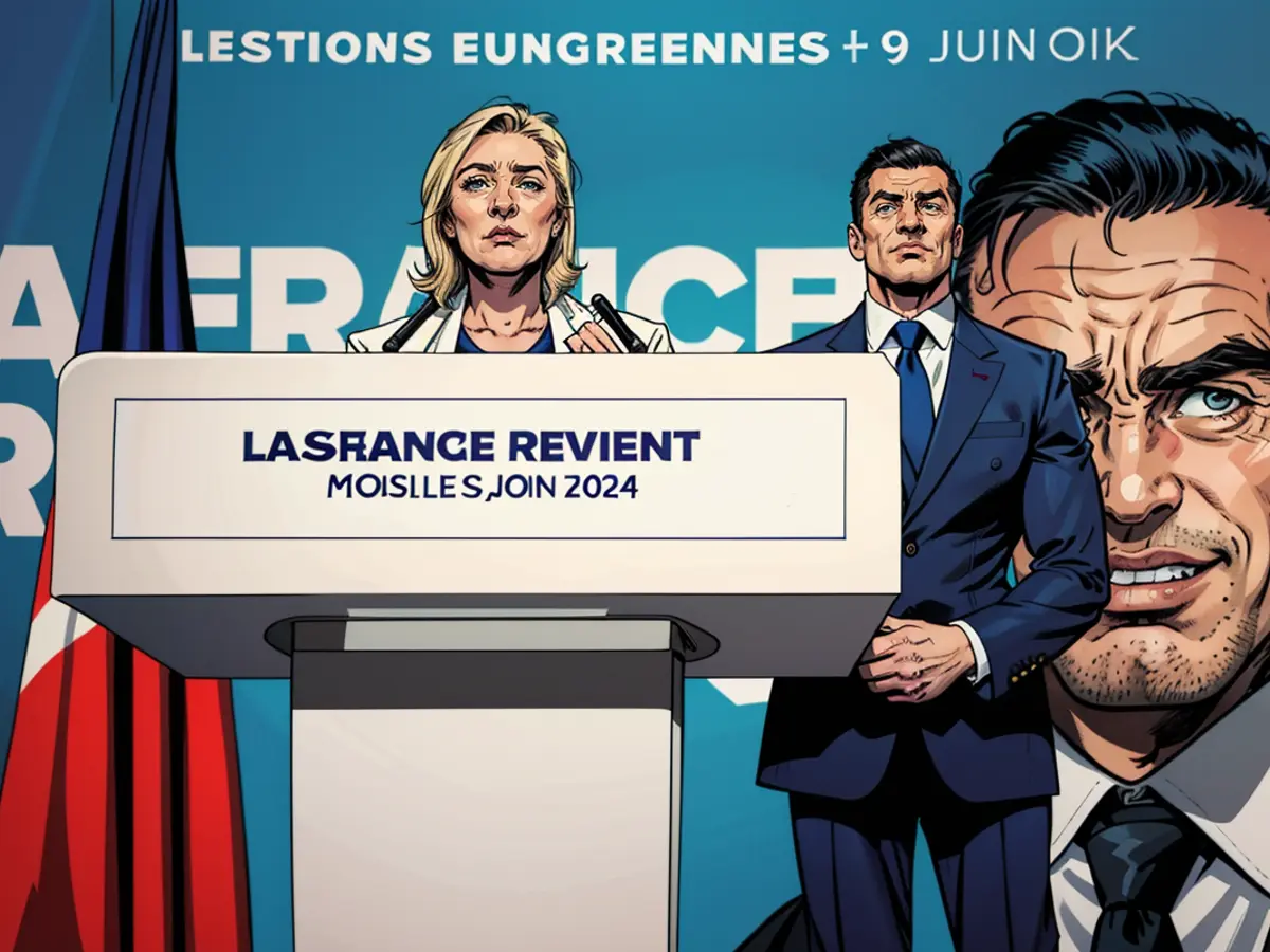 Marine Le Pen e Jordan Bardella si rivolgono a una folla di sostenitori del RN a Parigi, il 9 giugno 2024.