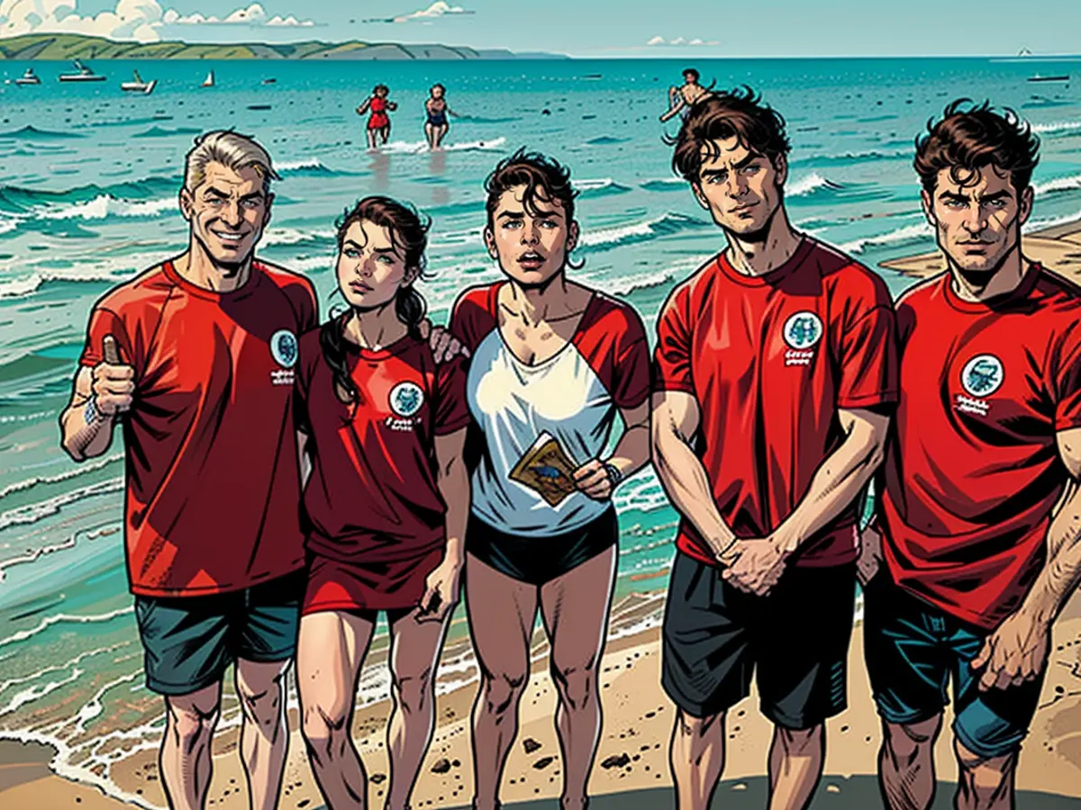 Lifeguard Francesco Mastromauro (M) stands between young people who also want to become lifeguards.