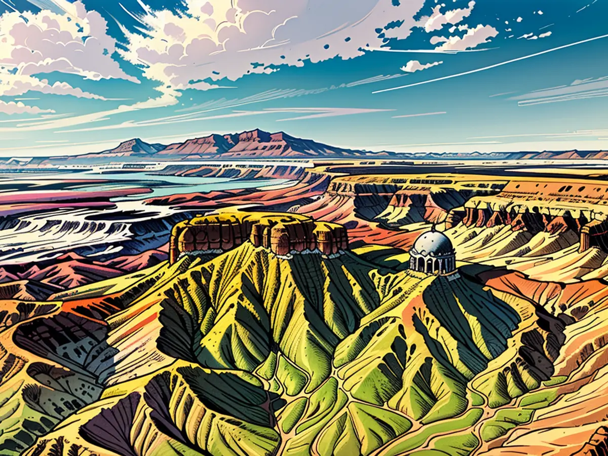 Aerial view of the Blue Valley or Moonscape and Henry Mountains at the Skyline Overlook, Caineville, Utah. (