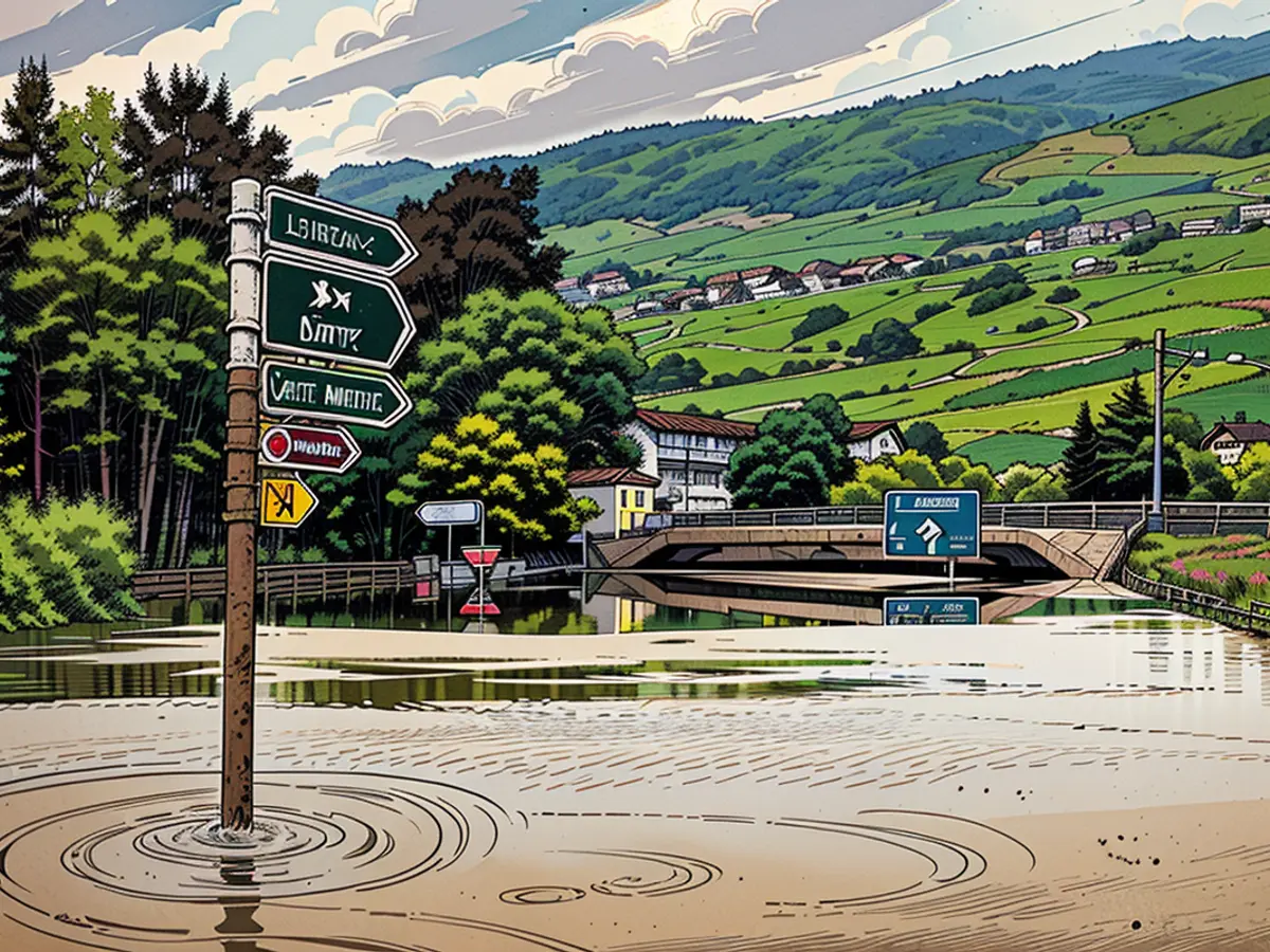 Una carretera inundada cerca de Sierre, al oeste de Suiza, el 30 de junio de 2024.
