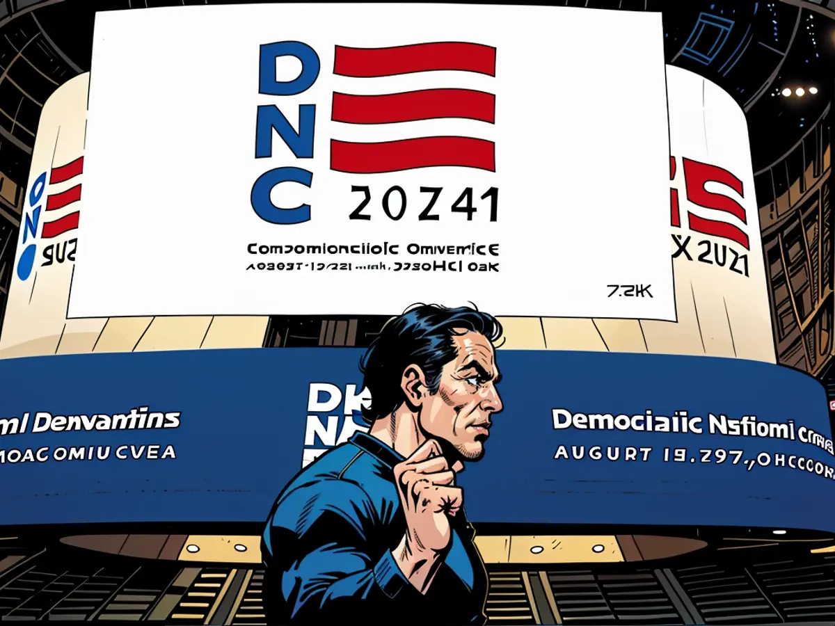 Il logo della Convention nazionale democratica viene mostrato sul tabellone dello United Center durante una visita ai media il 18 gennaio a Chicago.