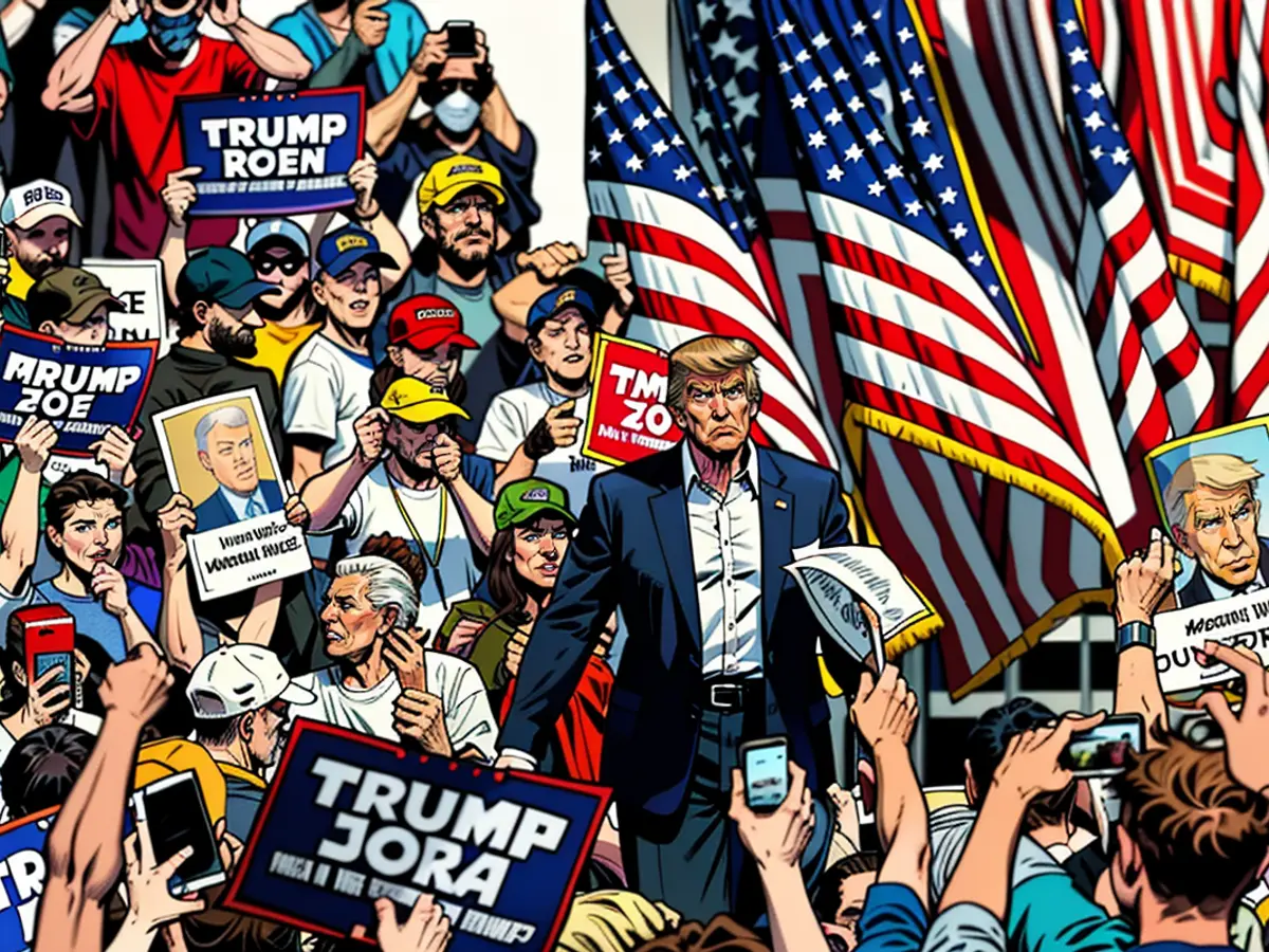 Des partisans brandissent des pancartes lors du rassemblement de campagne de l'ancien président Donald Trump en Virginie, le 28 juin 2024, au lendemain de son débat historique contre le président Joe Biden.