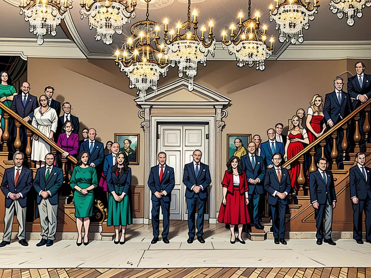 Il re Willem-Alexander dei Paesi Bassi e il primo ministro olandese Dick Schoof posano con i nuovi ministri e i nuovi segretari di Stato, dopo la cerimonia di giuramento al Palazzo Huis ten Bosch dell'Aia, il 2 luglio.