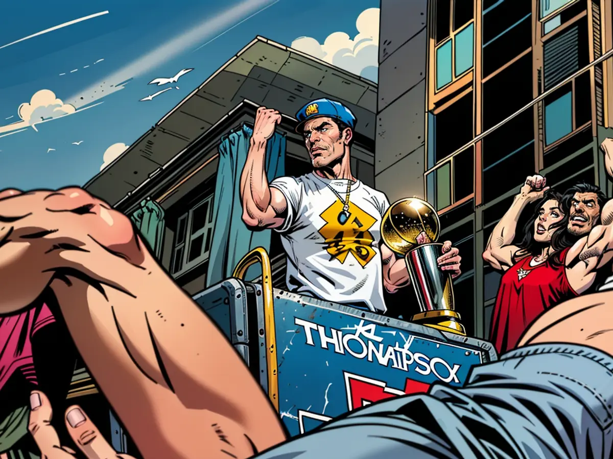 Thompson celebrates with the Larry O'Brien trophy during the Warriors' NBA Championship parade in 2022.