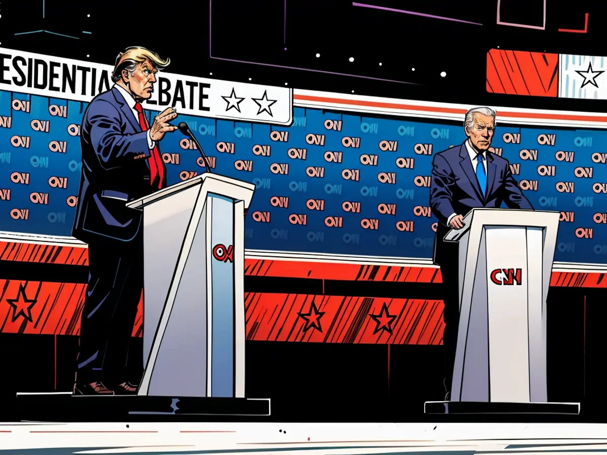 El expresidente Donald Trump y el presidente Joe Biden debaten en los estudios de la CNN en Atlanta el 27 de junio de 2024. Ninguno de los dos impresionó a los votantes que habían asistido al acto de The Bulwark en Denver.