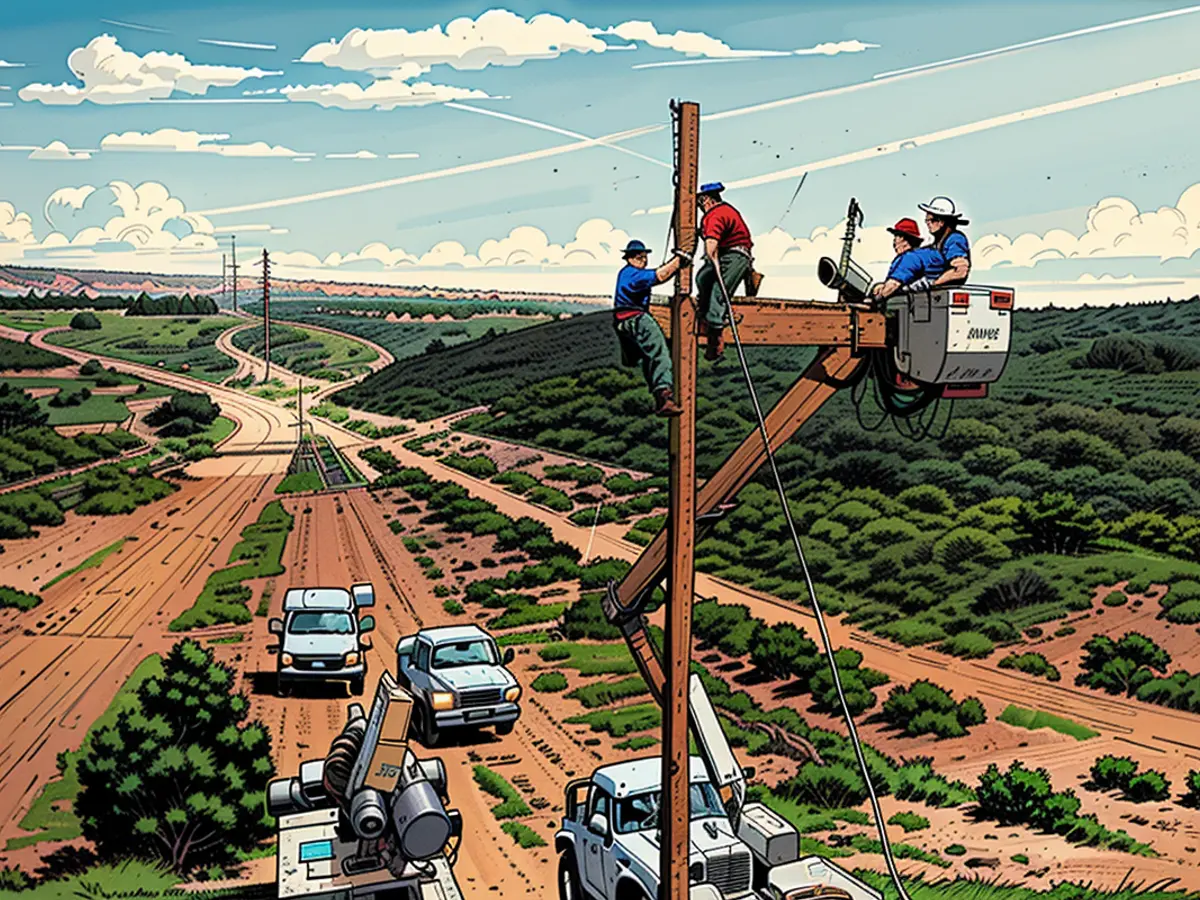 Los linieros trabajan en la instalación de líneas eléctricas para llevar electricidad a la Nación Navajo.