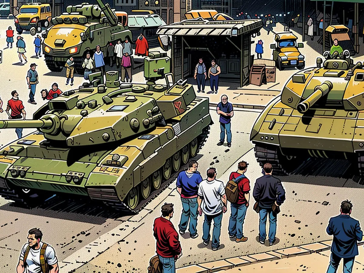 Le char Leopard 2A8 (à gauche) lors d'une exposition sur les blindés, à côté du Leopard 2A-RC-3.0.