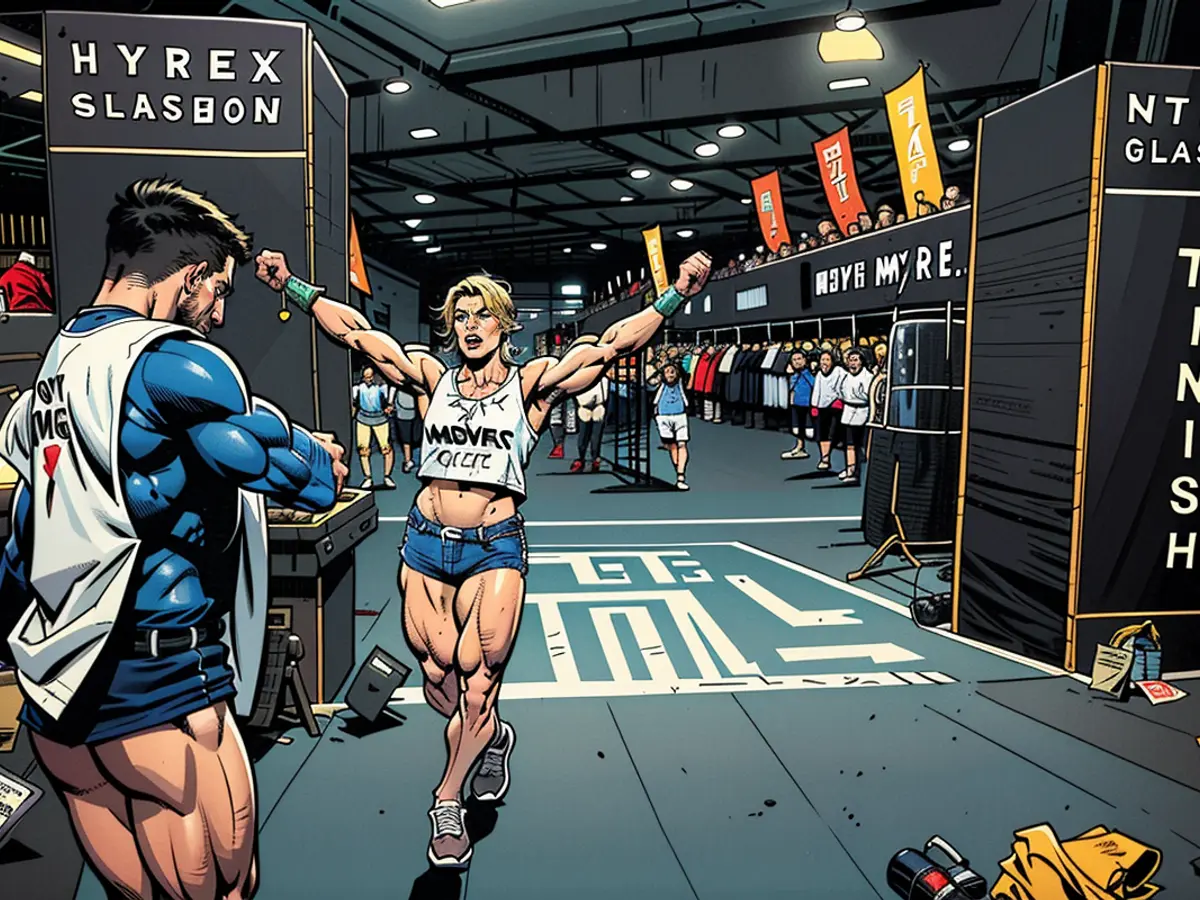 Duff crosses the line at a HYROX event in Glasgow in 2023.