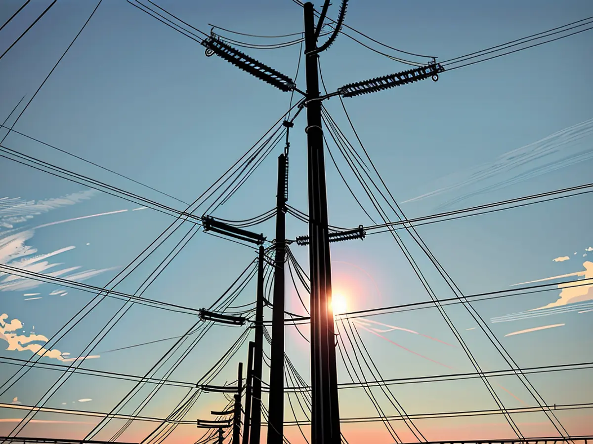 En una vista aérea, líneas de alta tensión recorren la red eléctrica el 16 de mayo de 2024, en West Palm Beach, Florida.