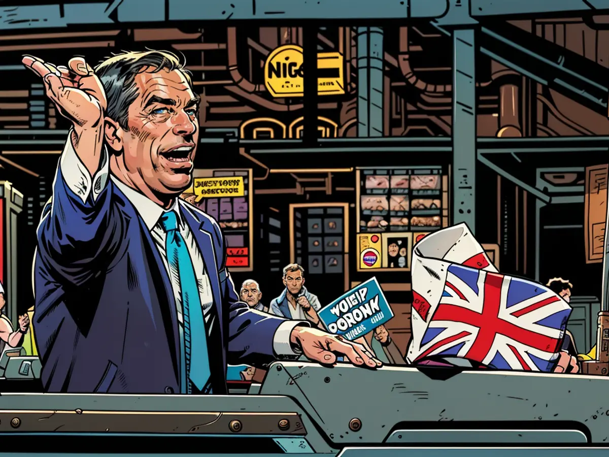 Il leader del partito Reform UK Nigel Farage parla alla folla di sostenitori il 3 luglio a Clacton-on-Sea, in Inghilterra.