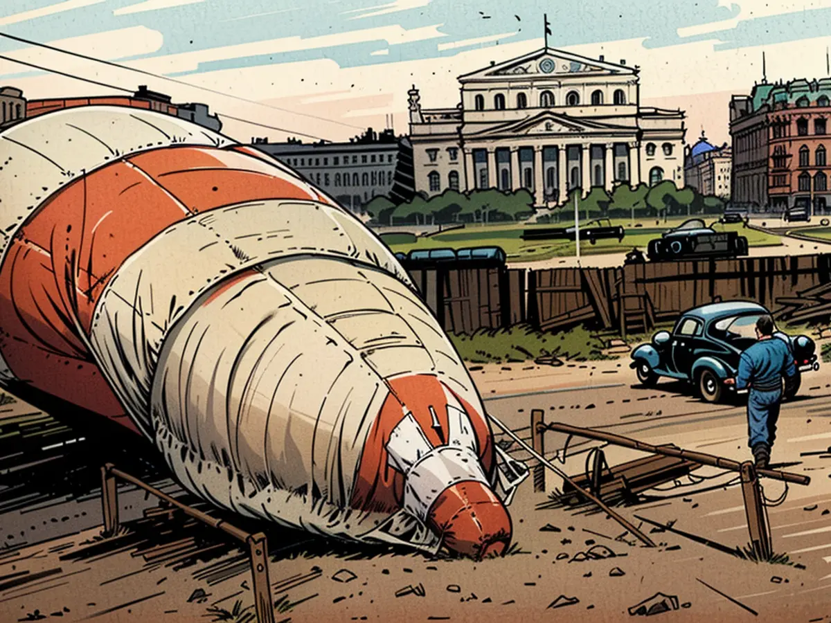 A crashed barrage balloon lies in front of the Bolshoi Theater in Moscow during the Second World War in 1942.