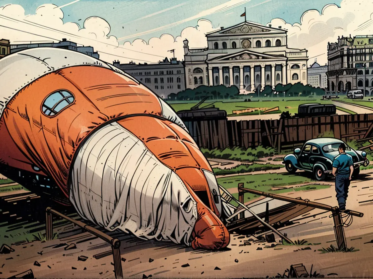 A crashed barrage balloon lies in front of the Bolshoi Theater in Moscow during the Second World War in 1942.