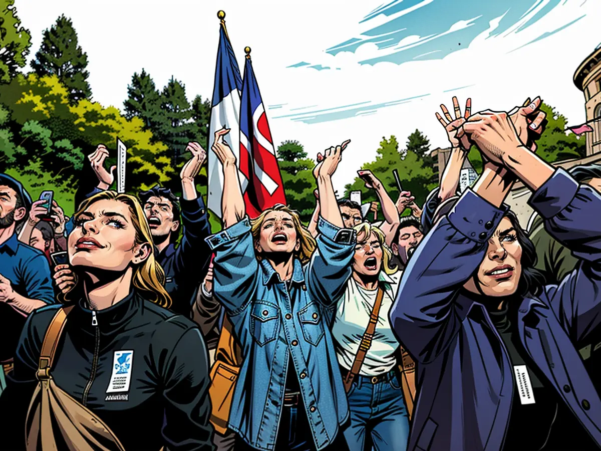 Supporters of French far-left opposition party La France Insoumise (France Unbowed - LFI) react after partial results in the second round of the early French parliamentary elections at Place Stalingrad in Paris, France, July 7, 2024. REUTERS/Yara Nardi