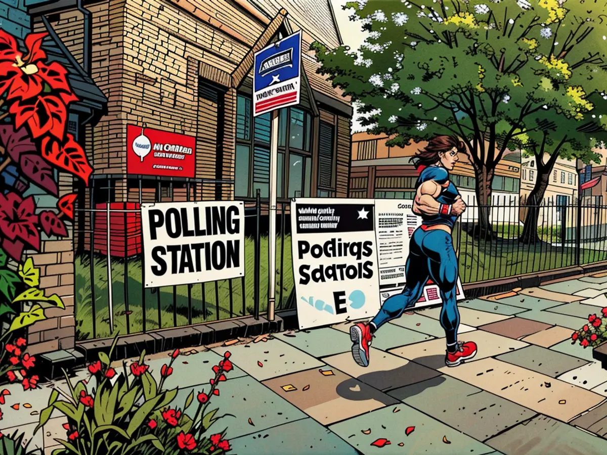 A person runs past a polling station shortly before the polls open and voting begins in the UK general election in London, Britain, on July 4, 2024.