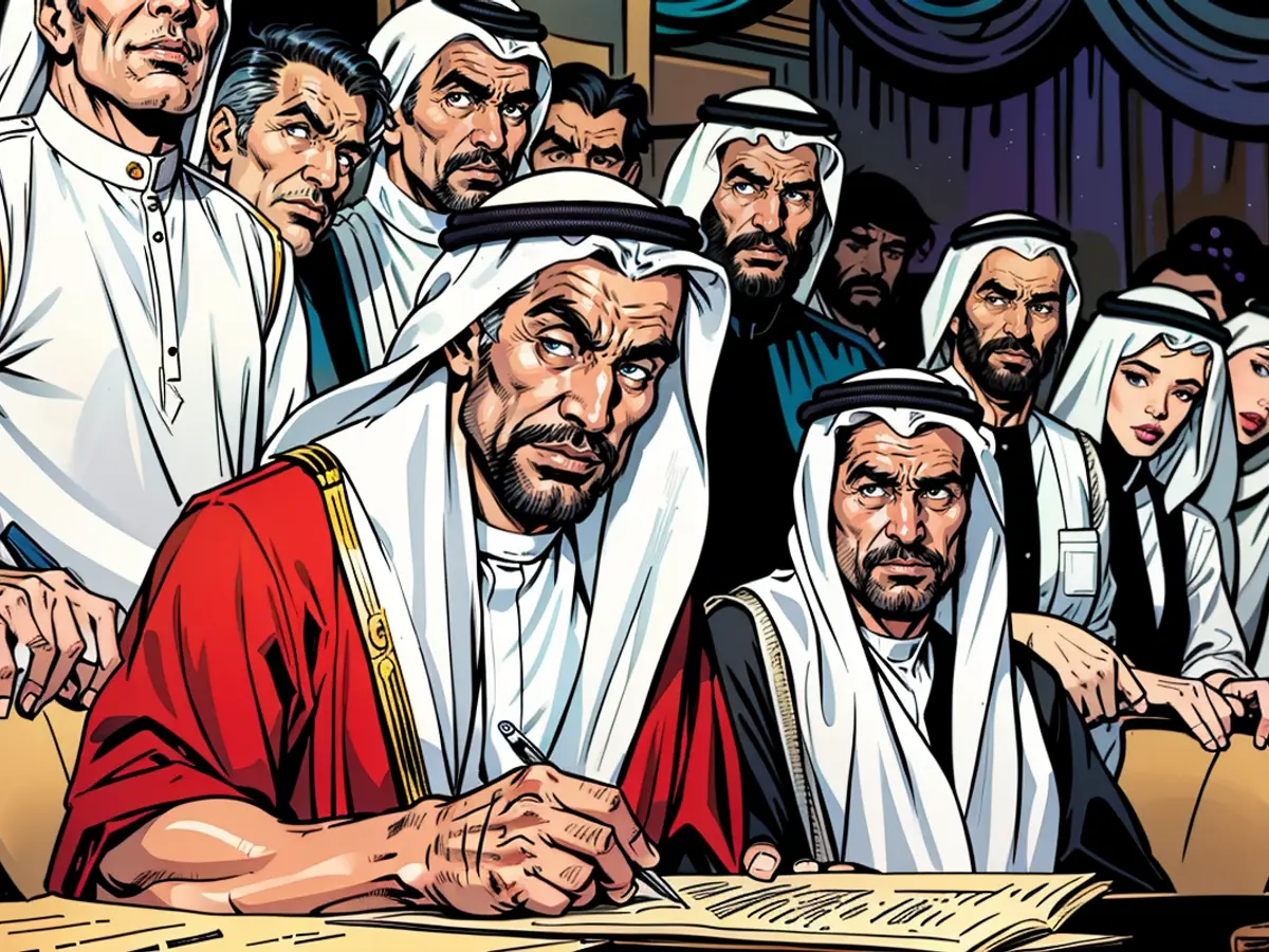 Sheikh Zayed Bin Sultan Al Nahyan, el difunto emir de Abu Dhabi, firmando el acuerdo para formar los EAU' el 2 de diciembre de 1971.