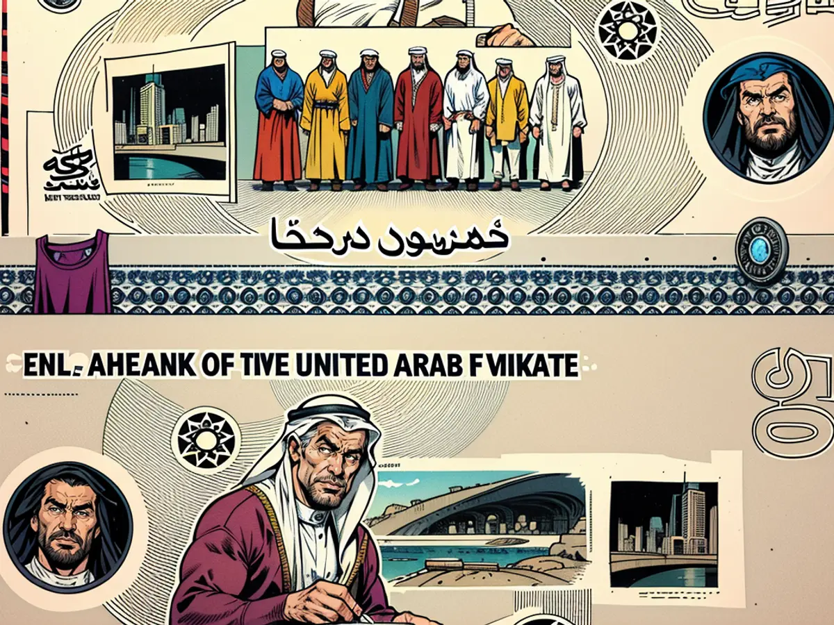 Las fotos de Shukla de los padres fundadores de los EAU (arriba) y del jeque Zayed firmando (abajo) aparecen en el billete de 50 dirhams.