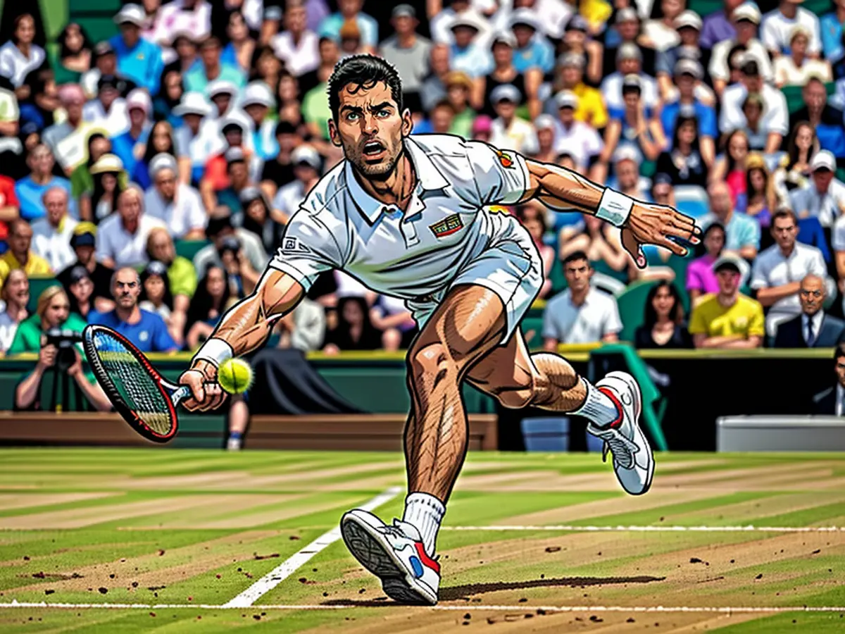 Il serbo Novak Djokovic gioca un dritto contro il britannico Jacob Fearnley nel secondo turno del singolare maschile durante la quarta giornata dei Championships Wimbledon 2024 all'All England Lawn Tennis and Croquet Club il 4 luglio 2024 a Londra.