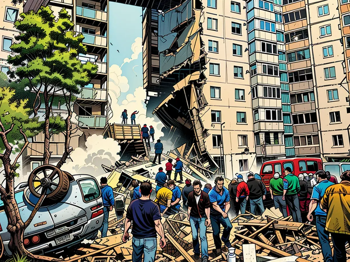 Alcune persone si riuniscono dopo il crollo di una sezione di un edificio a pianteramy di Belgorod, Russia, il 12 maggio 2024.