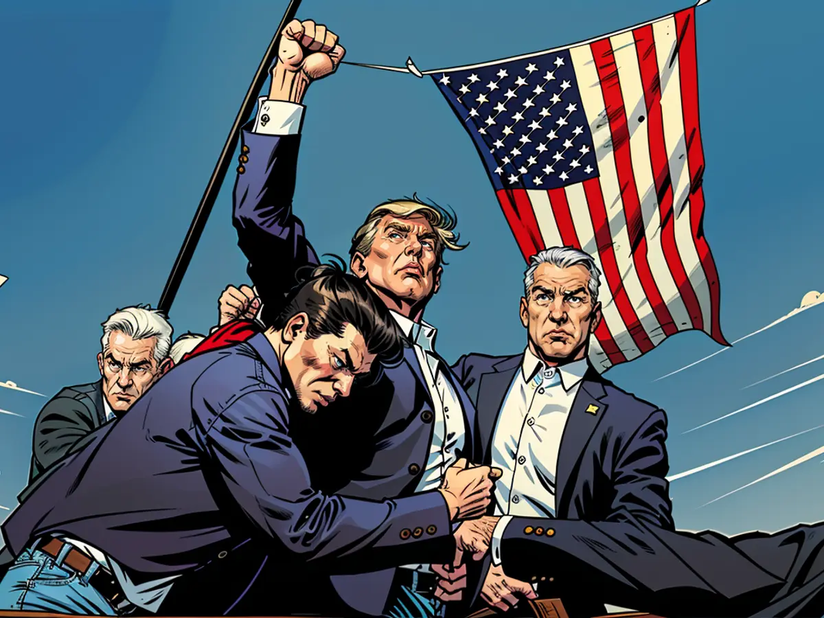 Candidato presidencial republicano ex-presidente Donald Trump está rodeado por agentes secretos de los Estados Unidos en una concentración política, sábado, 13 de julio de 2024, en Butler, Pa. (AP