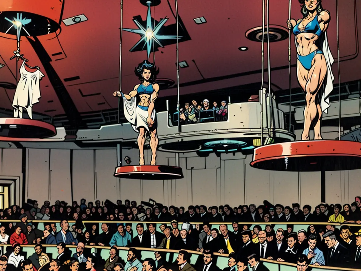 Showgirls dangle from the ceiling in the 1963 production of ‘Lido de Paris’ at the Stardust.