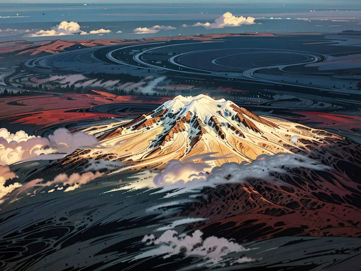 Vista di Mount St. Helens da un volo di Alaska Airlines a 30.000 piedi il 21 settembre 2021, vicino a Seattle, Washington. La Surveillance Geologica Statunitense classifica il vulcano come una «molto alta minaccia» a causa della frequenza elevata di recenti eruzioni.