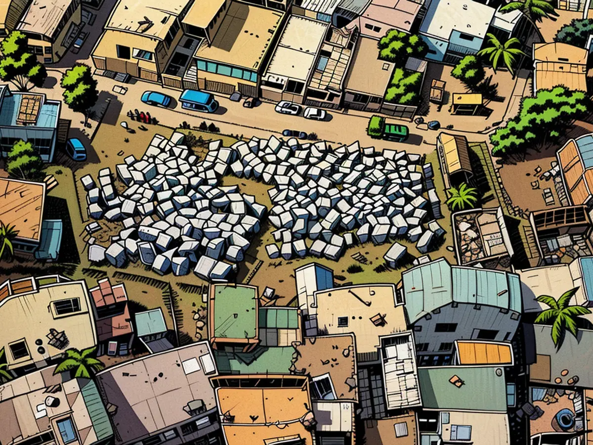 A group of tents stands amidst the rubble after an earthquake in Port-au-Prince, Haiti, on January 12, 2010, in this United Nations handout 