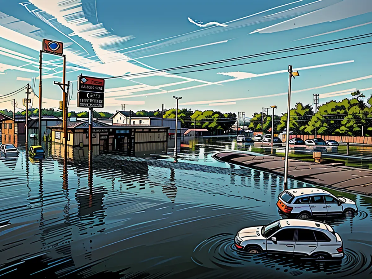 Autos und Gebäude sind teilweise von Flutwasser überschwemmt, nach dem Hurrikan Beryl in Houston am 8. Juli 2024.