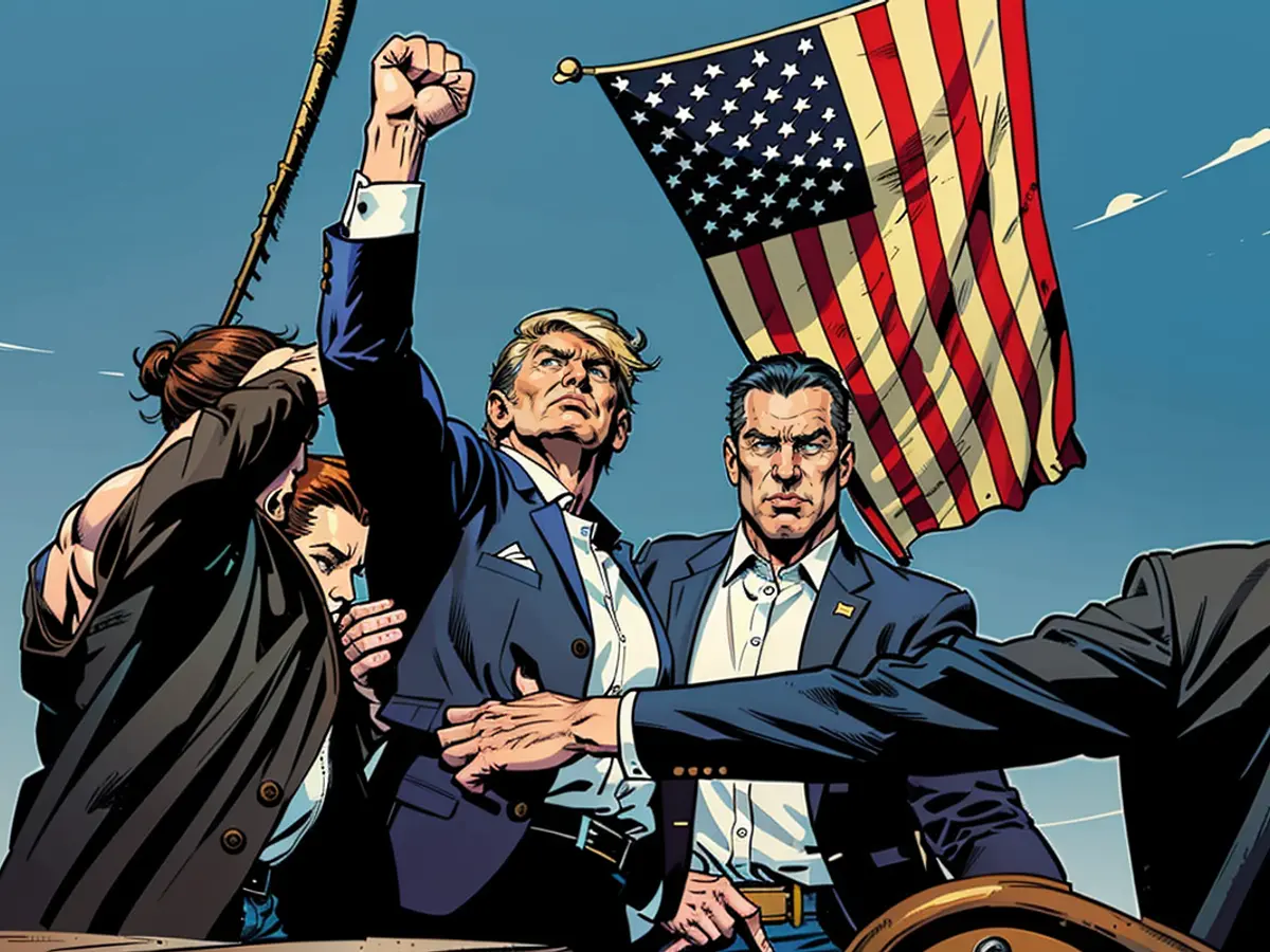 This image of Donald Trump with an outstretched arm and a clenched fist is iconic for the event.