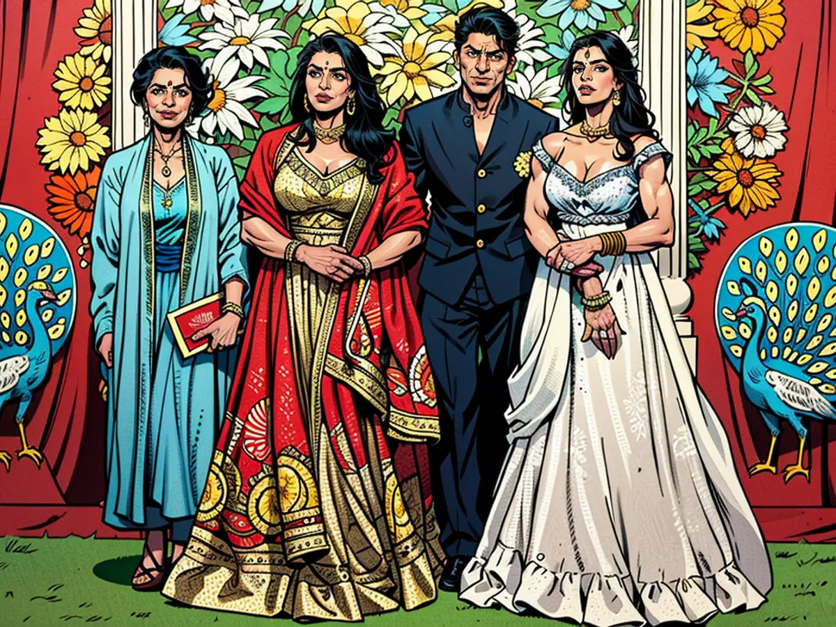 MUMBAI, INDIA - 13 LUGLIO: Savita Chhibber, Gauri Khan, Shah Rukh Khan e Suhana Khan hanno assistito alla cerimonia delle benedizioni della coppia sposa Anant & Radhika Ambani il 13 luglio, 2024 a Mumbai, India.